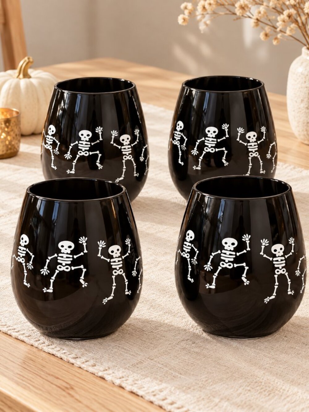 NIB Halloween Stemless Wine Glass Set x 4 - Black White